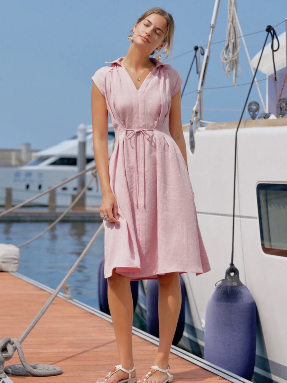OGL Linen Blend Collared V-Neck Midi Dress S NWT - Picture 2 of 9